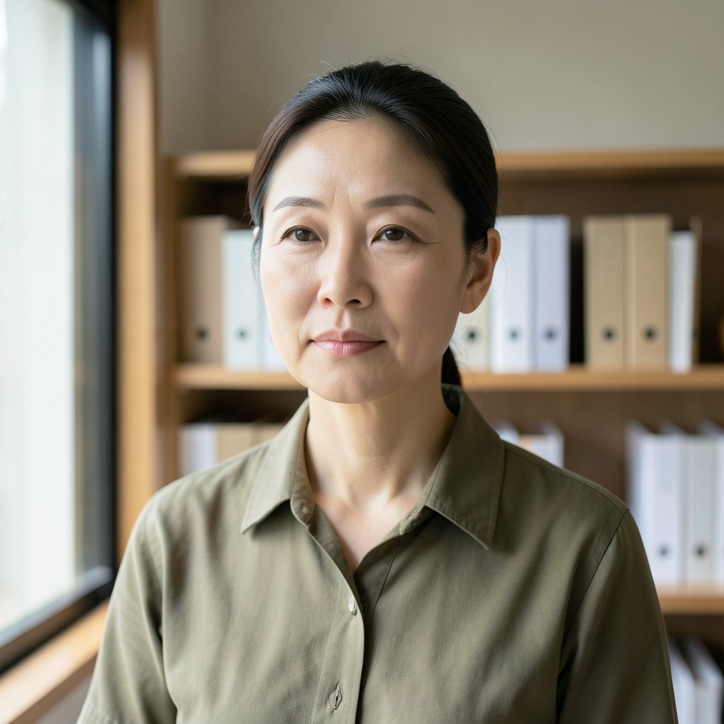 창문 옆 선반을 배경으로 선 분석 담당 문하린의 초상