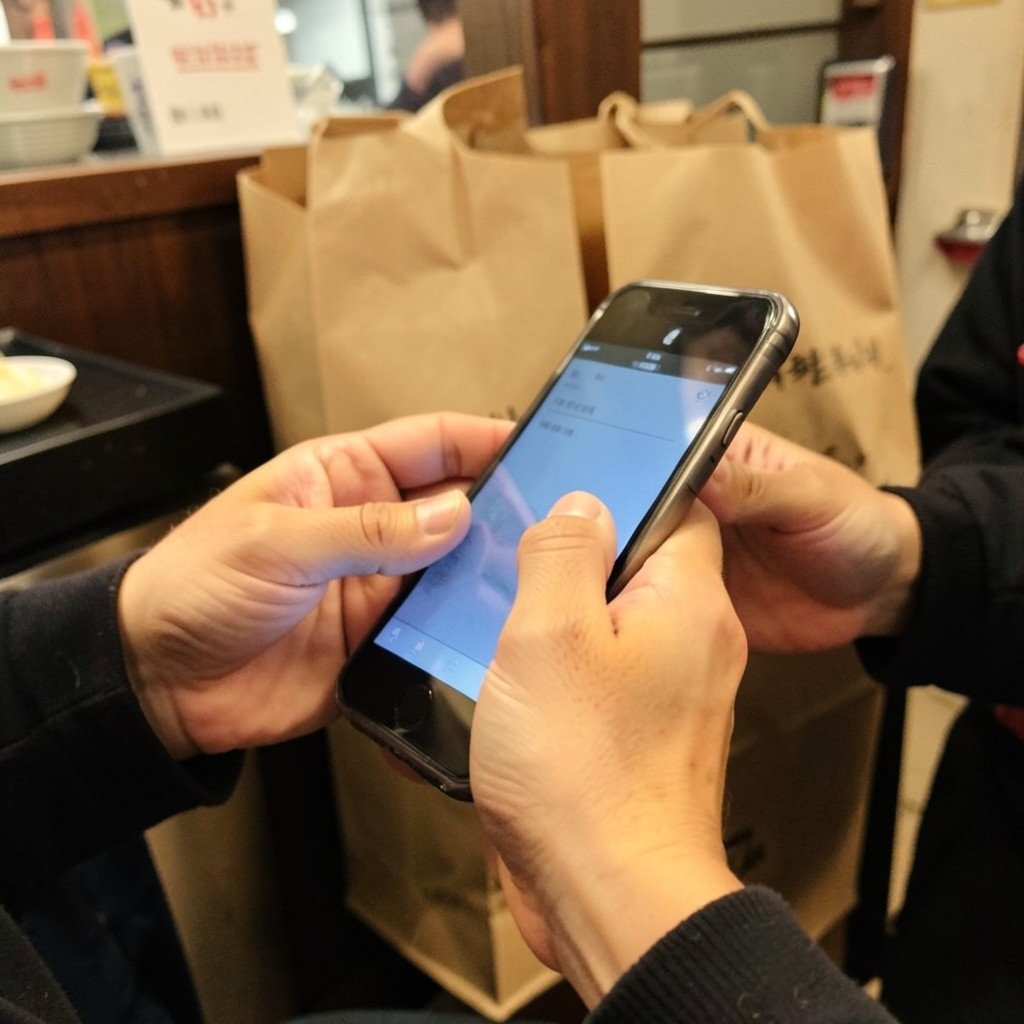 가게 계산대에서 화면이 보이지 않게 휴대폰을 여는 손